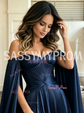 Navy Off Shoulder Satin A-Line Prom Cape Dress