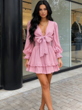 Pink V Neck Knotted Tiered Chiffon Long Sleeve Mini Dress