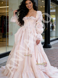 Long Sleeve Satin Pink Square Lace Ruffles Wedding Dress
