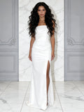 Sheath Column Strapless Satin Wedding Dress With Slit