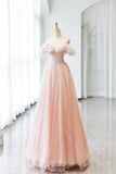 Corset A Line Ruffles Pink Tulle Off The Shoulder Prom Dress