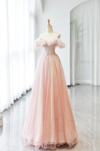 Corset A Line Ruffles Pink Tulle Off The Shoulder Prom Dress