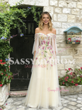 Champagne Off The Shoulder Tulle A Line Appliques Prom Dress