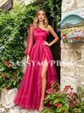 Fuchsia Tulle One Shoulder Long Sleeve A Line Prom Dress With Slit