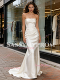 Strapless Satin Trumpet Mermaid Ruched White Wedding Dress
