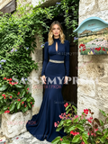 High Neck Navy Blue Trumpet Mermaid Long Sleeve Beading Prom Dress