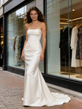 Strapless Satin Trumpet Mermaid Ruched White Wedding Dress