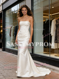 Strapless Satin Trumpet Mermaid Ruched White Wedding Dress