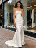 Strapless Satin Trumpet Mermaid Ruched White Wedding Dress