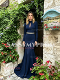 High Neck Navy Blue Trumpet Mermaid Long Sleeve Beading Prom Dress
