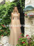 High Neck Tulle A Line Beading Champagne Prom Dress
