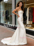 Strapless Satin Trumpet Mermaid Ruched White Wedding Dress