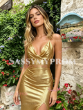 Spaghetti Straps Gold Trumpet Mermaid Satin Prom Dress With Slit