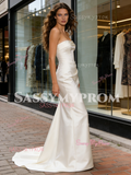 Strapless Satin Trumpet Mermaid Ruched White Wedding Dress