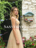 High Neck Tulle A Line Beading Champagne Prom Dress