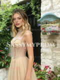 High Neck Tulle A Line Beading Champagne Prom Dress