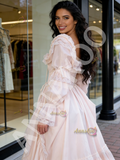 Long Sleeve Satin Pink Square Lace Ruffles Wedding Dress