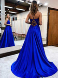 Appliques Blue V Neck Satin Prom Dress With Slit