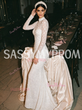 Sheath Column Beading Crystal High Neck Long Sleeve Wedding Dress