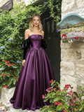 Long Sleeves Ball Gown Purple Satin Prom Dress