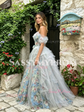 Blue Sweetheart A Line Ruffles Floral Prom Dress