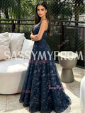 Deep V Neck Navy Blue A Line Lace Prom Dress