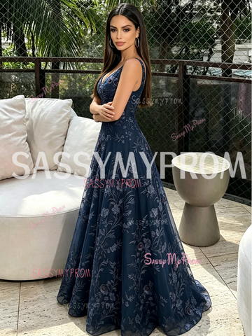 Deep V Neck Navy Blue A Line Lace Prom Dress