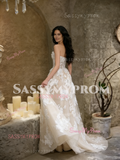 Appliques Tulle Strapless Champagne Lace A Line Wedding Dress