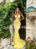 Yellow Cut Out Trumpet Mermaid Spaghetti Straps Prom Dress