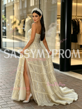 Strapless Tulle A Line Champagne Tassel Prom Dress With Slit