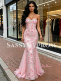 Pink Beading Flowers Lace Sheath Column Tulle Prom Dress