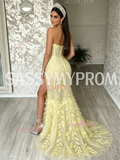 Sweetheart Trumpet Mermaid Yellow Leaf Flowers Prom Dress With Slit