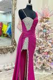 Sweetheart Fuchsia Beading Straps Prom Dress With Slit