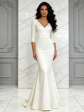V Neck Satin Trumpet Mermaid Ivory Half Sleeve Wedding Dress
