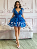 V Neck Royal Blue Tulle Layered Short Homecoming Dress