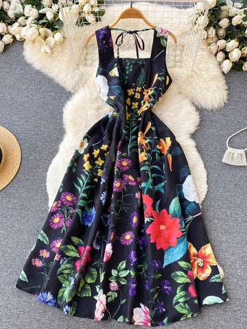 Colorful Flowers Black Maxi Dress