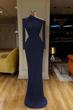 Long Sleeves White Asymmetric Neckline Satin Prom Dress