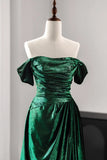 Off The Shoulder Green Ruched Velvet Prom Dress