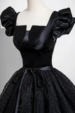 Black A Line Tulle Long Puffy Sleeves Prom Dress