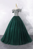 Tulle Off The Shoulder Green Beading Sparkle Prom Dress