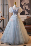 Blue Short Sleeves Square Tulle A Line Floral Prom Dress