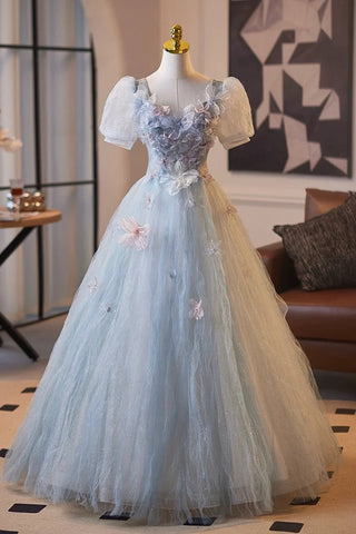Blue Short Sleeves Square Tulle A Line Floral Prom Dress