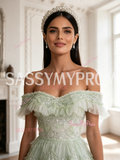 Tulle Sequin Off The Shoulder Light Green A Line Prom Dress