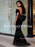 Black Beading Trumpet Mermaid Off The Shoulder Bow Prom Dress