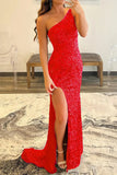 One Shoulder Sequin Mermaid Hot PinkProm Dress With Slit