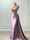 Lavender Satin Beaded Lace One Shoulder Mermaid Prom Dress