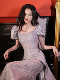 Silver Sequin Beading Short Sleeve Prom Dress