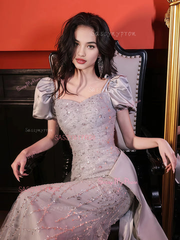 Silver Sequin Beading Short Sleeve Prom Dress