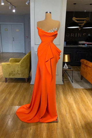 Satin Draped Ruffled Sweeping Train Orange Prom Dress