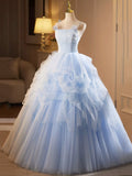 Spaghetti Strap Tulle Lace Blue Flower Prom Dress